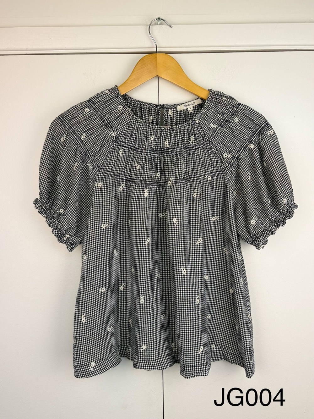 Madewell Embroidered Gingham Puff Sleeve Top M